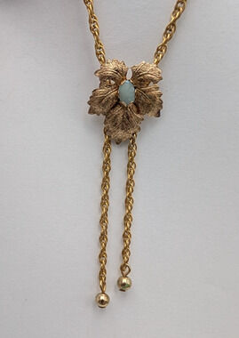 Priscilla Gold Filled Leaf w/Stone Pendant Sliding Lariat Necklace Bolo 28" Vtg